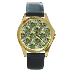 Leaves Seamless Pattern Design Round Gold Metal Watch by Pakrebo