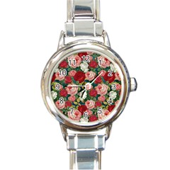 Roses Repeat Floral Bouquet Round Italian Charm Watch by Pakrebo