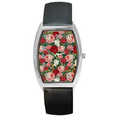 Roses Repeat Floral Bouquet Barrel Style Metal Watch by Pakrebo