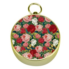 Roses Repeat Floral Bouquet Gold Compasses by Pakrebo