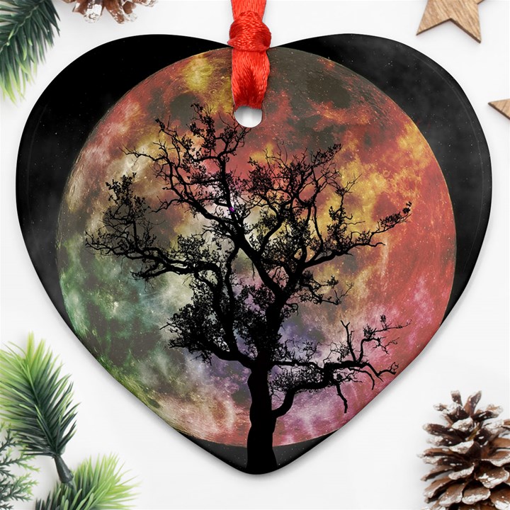 Full Moon Silhouette Tree Night Ornament (Heart)