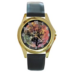 Full Moon Silhouette Tree Night Round Gold Metal Watch by Pakrebo