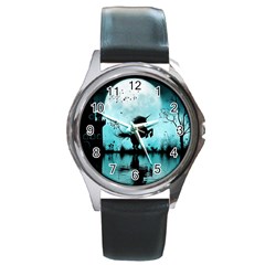 Wonderful Unicorn Silhouette In The Night Round Metal Watch by FantasyWorld7