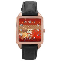 Abstract Flower Rose Gold Leather Watch 