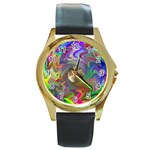 Rainbow Plasma Neon Round Gold Metal Watch Front