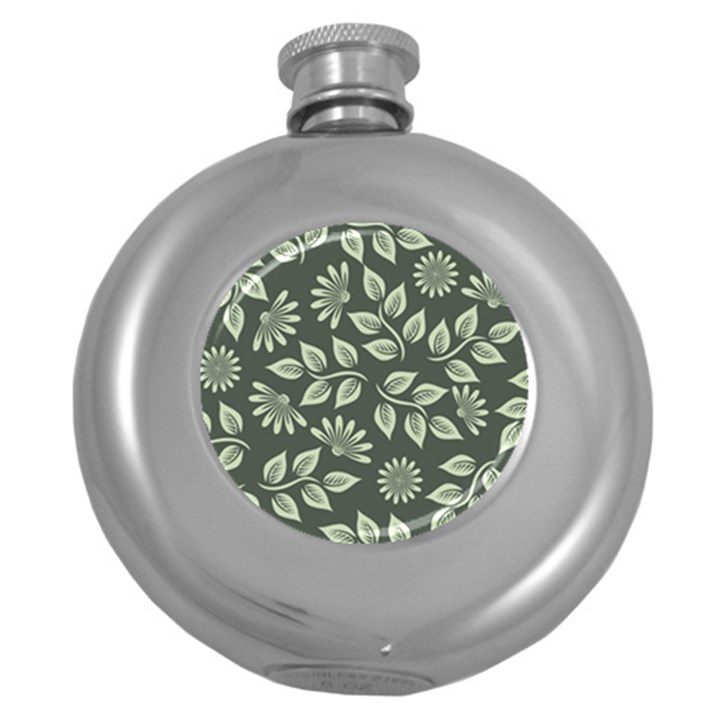 Flowers Pattern Spring Green Round Hip Flask (5 oz)