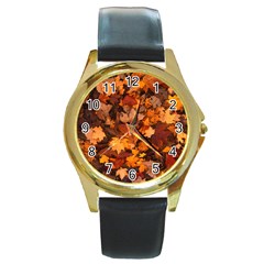 Fall Foliage Autumn Leaves October Round Gold Metal Watch by Pakrebo