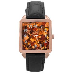 Fall Foliage Autumn Leaves October Rose Gold Leather Watch  by Pakrebo