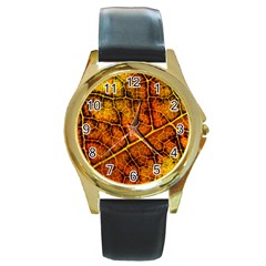 Autumn Leaves Forest Fall Color Round Gold Metal Watch by Pakrebo