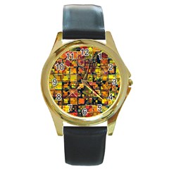 Color Abstract Artifact Pixel Round Gold Metal Watch by Pakrebo