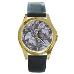 Ornament Flowers Leaf Round Gold Metal Watch