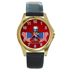 Happy 4th Of July Round Gold Metal Watch by FantasyWorld7