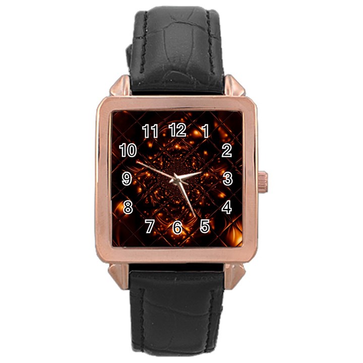 Fire Glass Fractal Rose Gold Leather Watch 