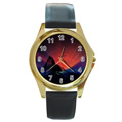 Matterhorn Switzerland Fantasy Aurora Round Gold Metal Watch by Pakrebo