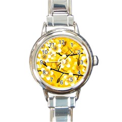 Floral Pattern Background Yellow Round Italian Charm Watch by Pakrebo