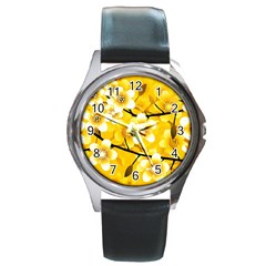 Floral Pattern Background Yellow Round Metal Watch by Pakrebo