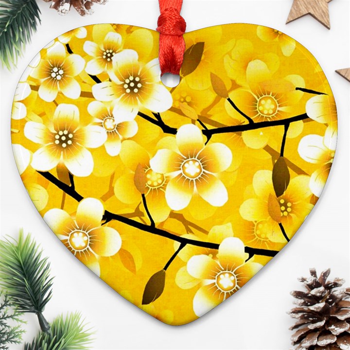 Floral Pattern Background Yellow Ornament (Heart)