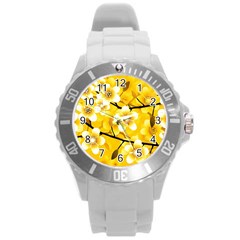 Floral Pattern Background Yellow Round Plastic Sport Watch (l) by Pakrebo