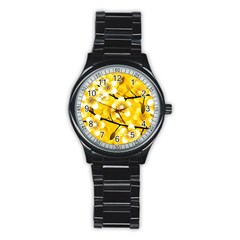 Floral Pattern Background Yellow Stainless Steel Round Watch by Pakrebo