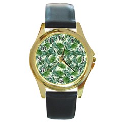 Leaves Tropical Wallpaper Foliage Round Gold Metal Watch by Pakrebo