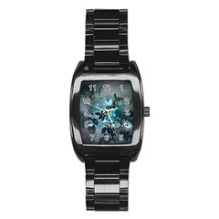 Elegant Floral Design With Butterflies Stainless Steel Barrel Watch