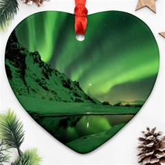 Snow Winter White Cold Weather Green Aurora Ornament (heart) by Pakrebo