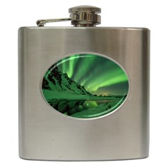 Snow Winter White Cold Weather Green Aurora Hip Flask (6 Oz) by Pakrebo