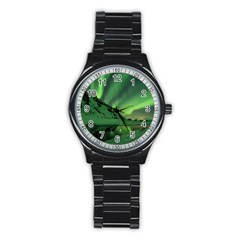 Snow Winter White Cold Weather Green Aurora Stainless Steel Round Watch by Pakrebo