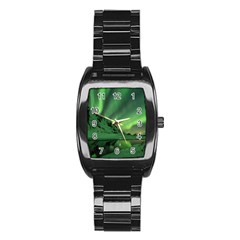 Snow Winter White Cold Weather Green Aurora Stainless Steel Barrel Watch by Pakrebo