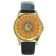 Fractal Kaleidoscope Mandala Round Gold Metal Watch by Pakrebo