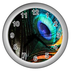 Green And Blue Peacock Feather Wall Clock (silver) by Pakrebo