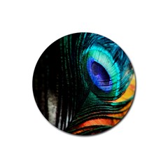 Green And Blue Peacock Feather Rubber Round Coaster (4 Pack)  by Pakrebo