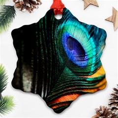 Green And Blue Peacock Feather Snowflake Ornament (two Sides) by Pakrebo