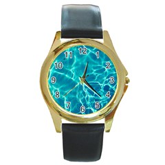 Blue Water Wallpaper Round Gold Metal Watch by Pakrebo