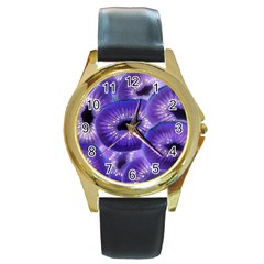 Sliced Kiwi Fruits Purple Round Gold Metal Watch by Pakrebo