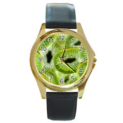 Sliced Kiwi Fruits Green Round Gold Metal Watch by Pakrebo