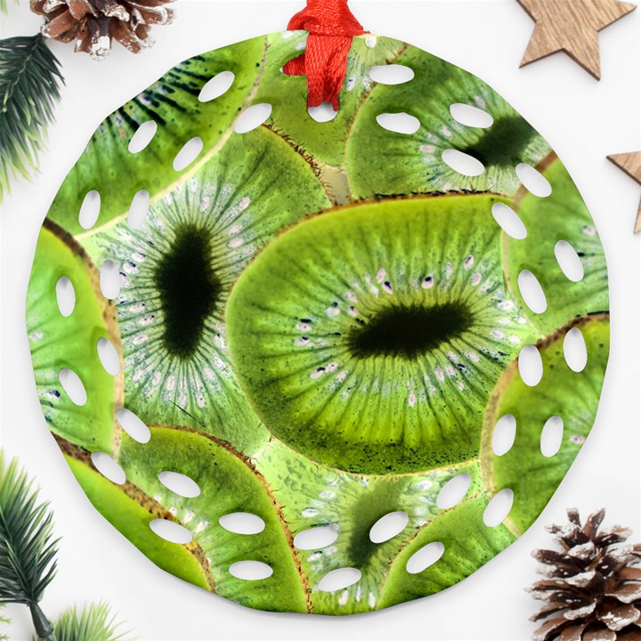 Sliced Kiwi Fruits Green Round Filigree Ornament (Two Sides)