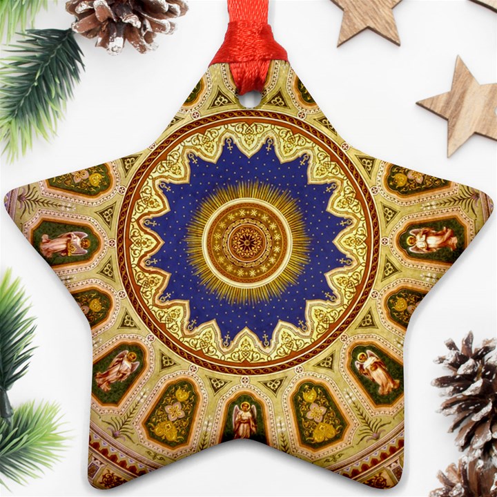 Red And White Angels Printed On Green Red And Purple Round Rug Star Ornament (Two Sides)