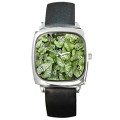 Green And White Leaf Plant Square Metal Watch by Pakrebo