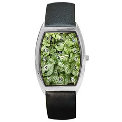 Green And White Leaf Plant Barrel Style Metal Watch by Pakrebo