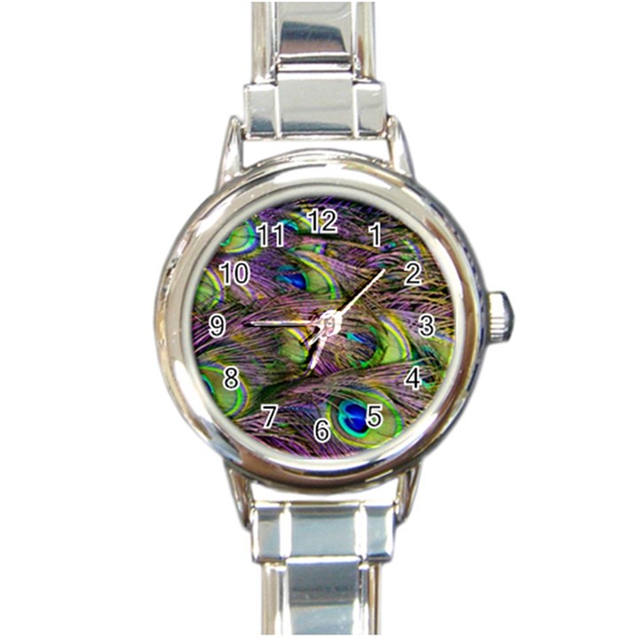 Green Purple And Blue Peacock Feather Digital Wallpaper Round Italian Charm Watch