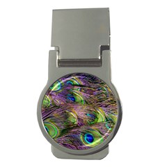 Green Purple And Blue Peacock Feather Digital Wallpaper Money Clips (round)  by Pakrebo