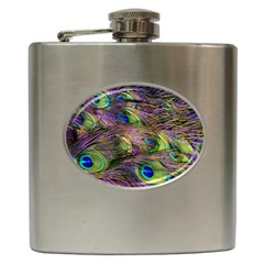 Green Purple And Blue Peacock Feather Digital Wallpaper Hip Flask (6 Oz) by Pakrebo