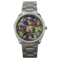 Green Purple And Blue Peacock Feather Digital Wallpaper Sport Metal Watch by Pakrebo