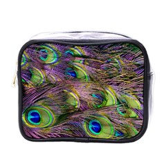 Green Purple And Blue Peacock Feather Digital Wallpaper Mini Toiletries Bag (one Side) by Pakrebo