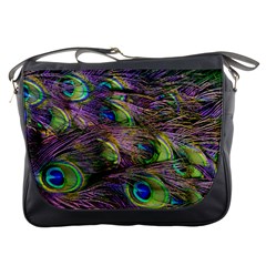 Green Purple And Blue Peacock Feather Digital Wallpaper Messenger Bag by Pakrebo