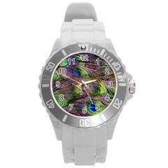 Green Purple And Blue Peacock Feather Digital Wallpaper Round Plastic Sport Watch (l) by Pakrebo