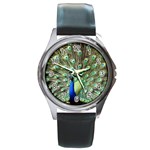 Blue And Green Peacock Round Metal Watch Front