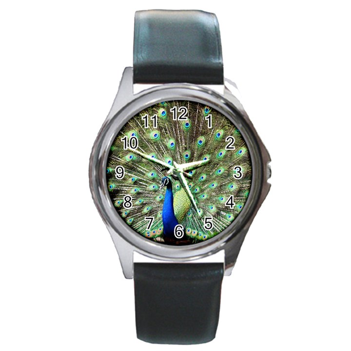 Blue And Green Peacock Round Metal Watch