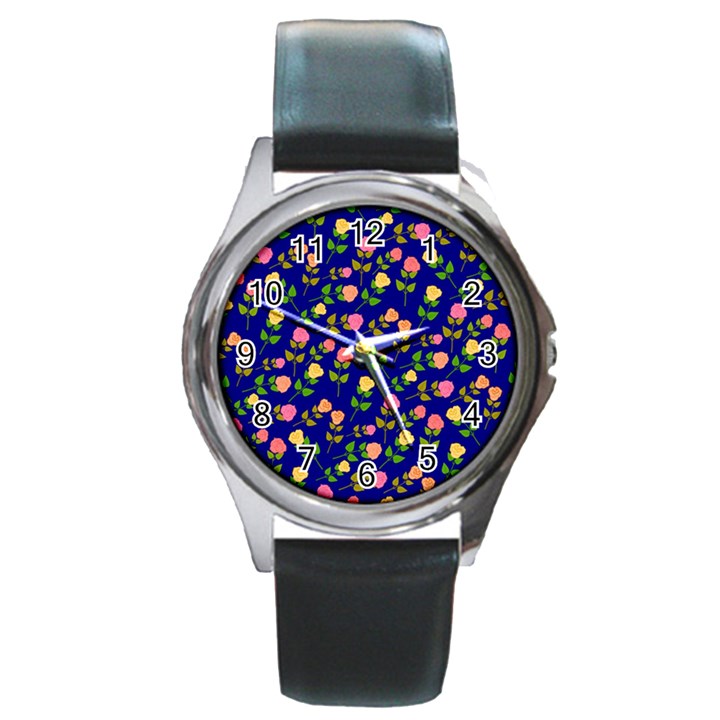 Flowers Roses Blue Round Metal Watch